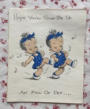 Vintage 1940s UNUSED Get Well Cute Twin Girls in Polka Dot Dresses Greeting Card