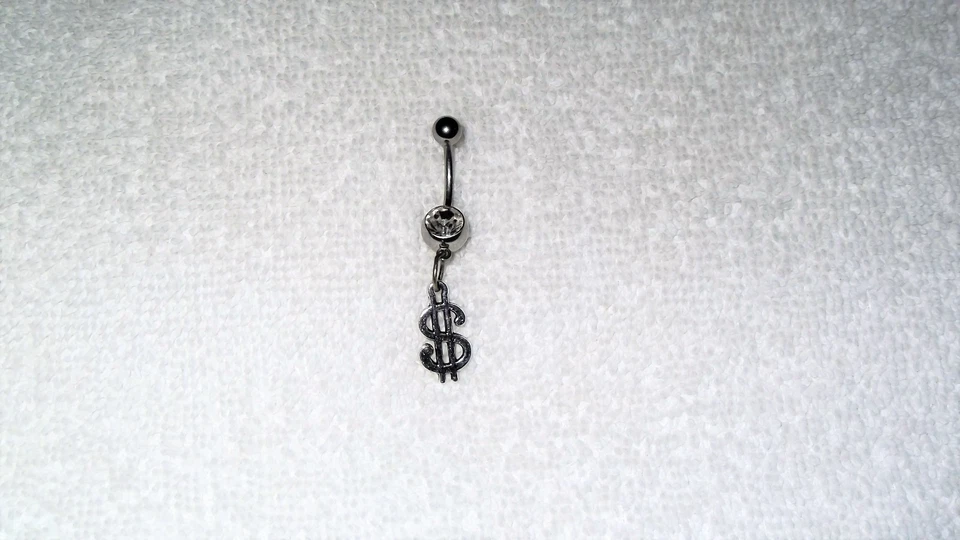 Dollar Sign Cash Money Charm Belly Button Navel Ring Body Jewelry Piercing 14g - Image 2 of 2