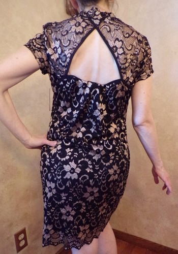 Black & Gold Lace Short Party Shift Dress Cap Sleeve Cut-Out Back, XL NEW W/TAG - Picture 4 of 10