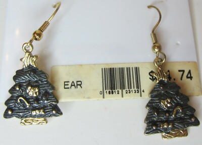 NOC Holiday Christmas Decorated Green Tree French Hook Pierce Earrings Brass