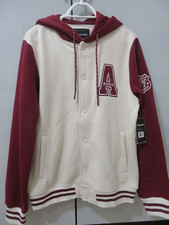 AEROPOSTALE OAT/BURGUNDY UNISEX LOGO SNAP FRONT FLEECE HOODIE W POCKETS NWT
