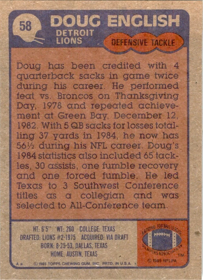 1985 TOPPS! DOUG ENGLISH. DETROIT LIONS #58 - Image 2 of 2