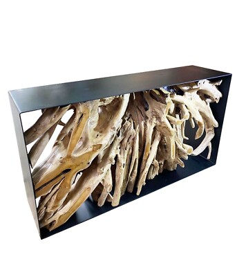 59  Console Table Natural Teak Root with Black Metal Frame