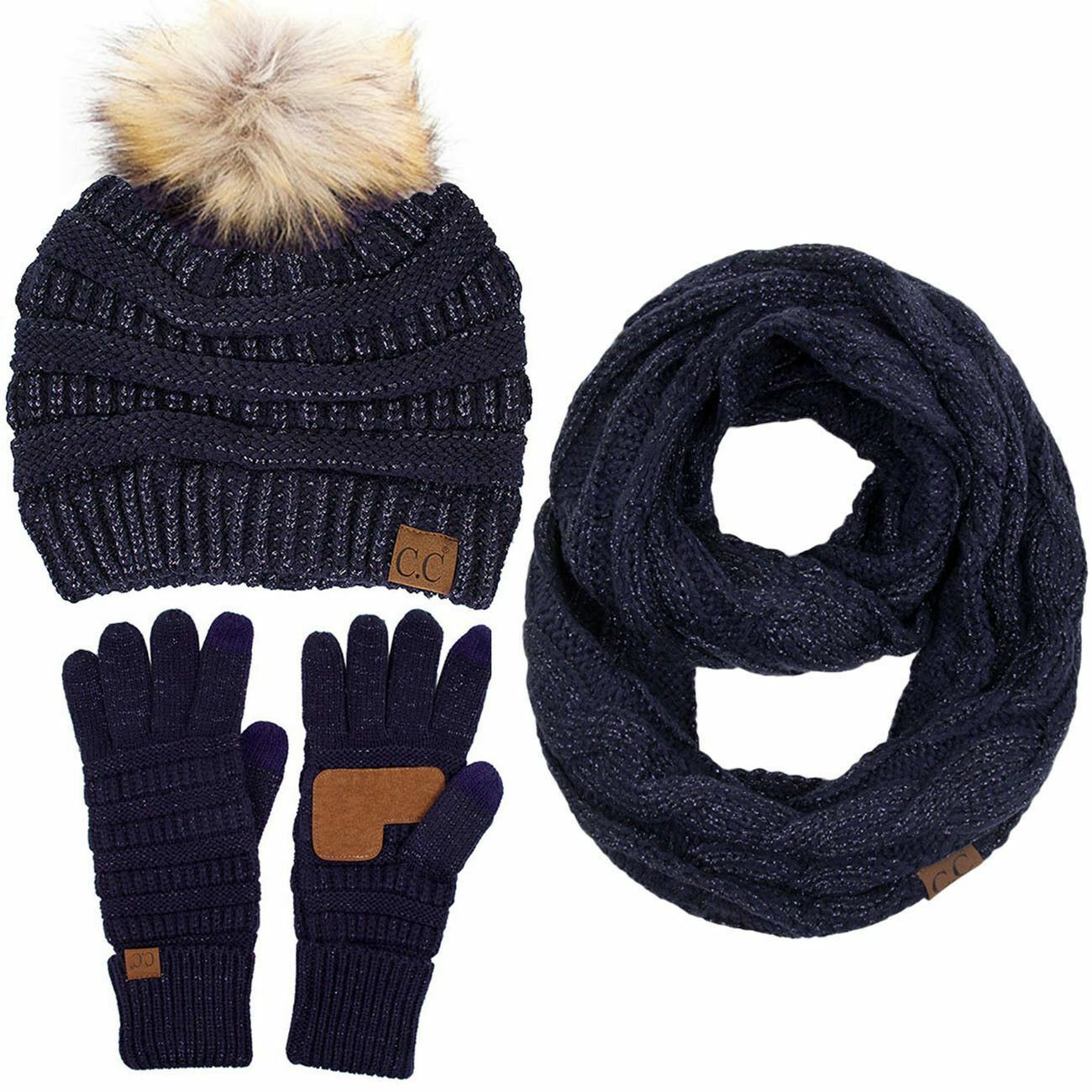 C.C 3pc Winter Warm Ribbed Knit Stretch Pom Pom Beanie 