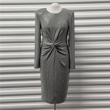 Vince Camuto Womens Cocktail Dress Size 2 Silver Metallic Sequin Long Sleeve