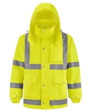 Safety Rain Jacket with Hood Waterproof Reflective High Visibility 360