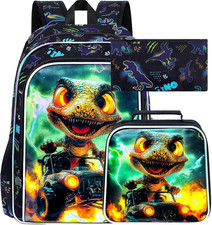 16" Dinosaur Backpack for Boy, 3Pcs Truck Bookbag with Lunch Box, Kids School Ba