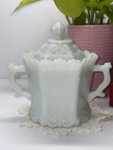 Antique Westmoreland Opaline Milk Glass Paneled Forget-Me-Not Sugar Bowl 1904