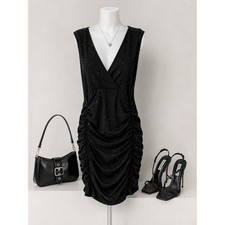 Y2K Black Glitter Ruched Club Dress Bodycon Party Mini Cocktail Dress Med