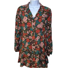 Natural Life Mini Dress Floral Print V Neck 100% Rayon Boho Multi Color Small