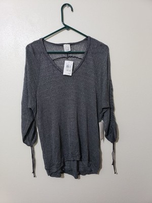 Ella Moss gray, 3/4 draw string sleeve, sheer print,  hi low blouse, top, size L