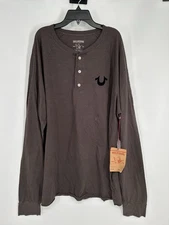 True Religion Flocked Horseshoe Slub Henley Long Sleeve Charcoal Mens 3XL XXXL