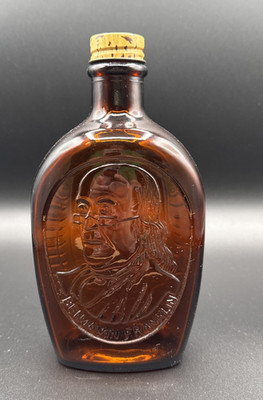 Log Cabin Amber Glass Bicentennial Bottle 1776 1976 Ben Franklin w/ Orig. Lid