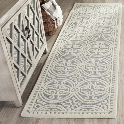 Handmade Moroccan Wool Runner Rug 2'6'' x 16' - Silver & Ivory for High Traffic A