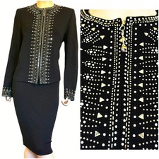 WOW St John Black Santana Knit Skirt Jacket Suit Crystals Paillettes sz 12