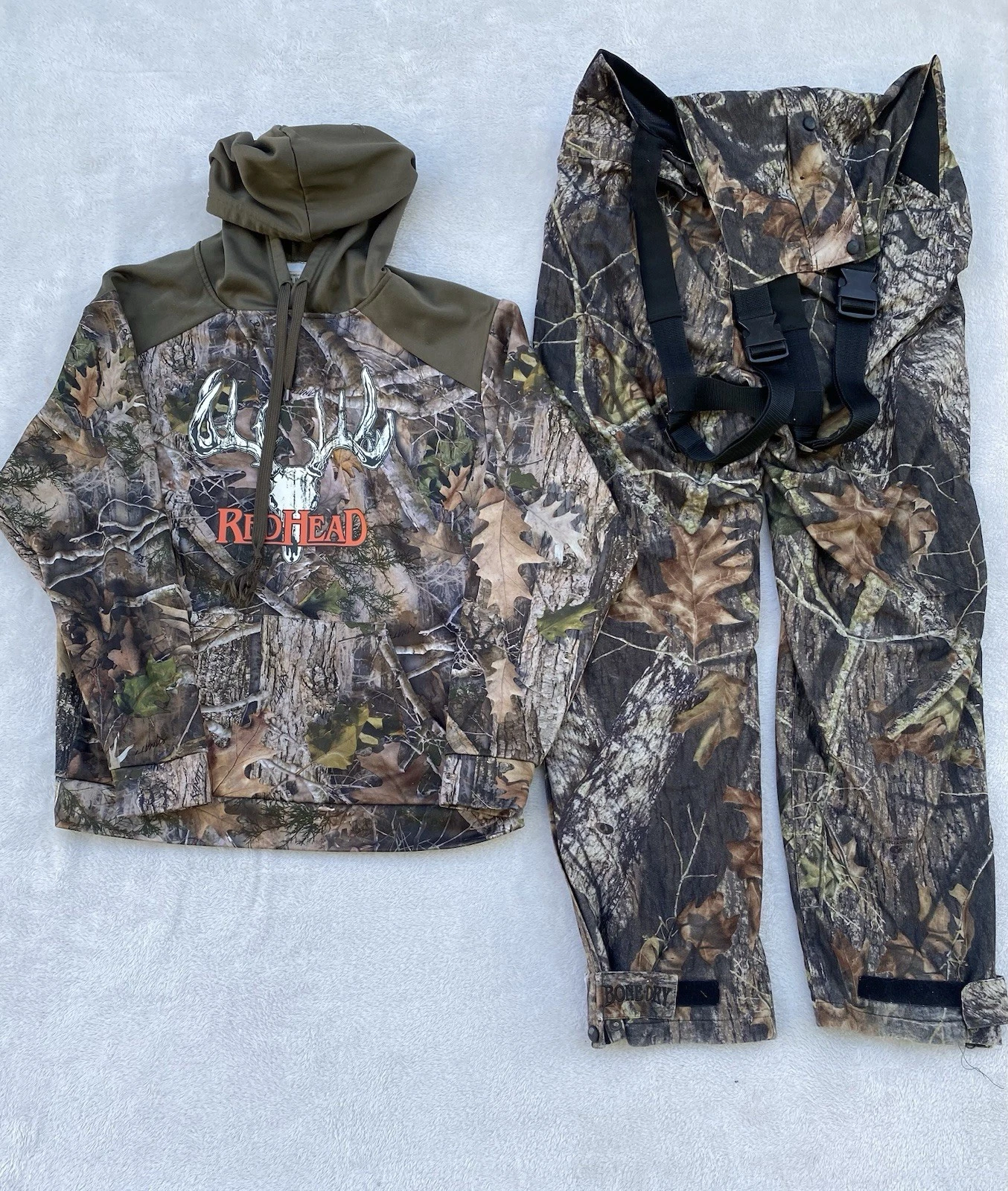 Red Head Camo Pants Overalls S Bone Dry Mossy Oak Duck Blind Hunting Sz M & Hood