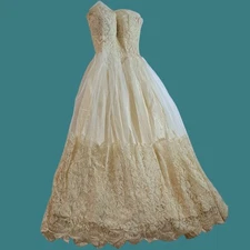 Vintage 50s Strapless Wedding Dress Lace Tulle Sweetheart Ivory Size 0-2 Gown