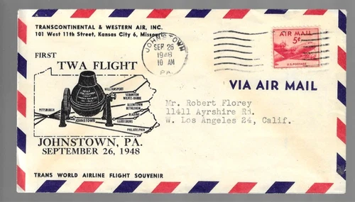 1948 Johnstown Pennsylvania First Flight cvr to Pittsburgh; TWA Souvenir env/crn