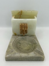 Onyx Ashtray & Cigarette Holder, Tiki Head, Aztech, Marbled green, brown, white