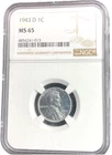 1943-D MS65 Certification NGC Penny Lincoln Wheat Ear 1 Cent War Time Steel Coin