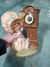 1970’s Ceramic Byron Molds Mantel Clock Pink Bonnet Girl With Cat Wind Up German