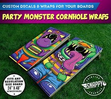 Party Monster Cornhole Vinyl Decals, Bag Toss Illustrated Custom Board Wraps