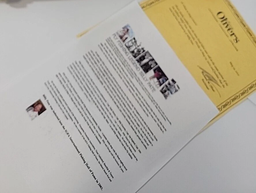 Billy Pate IGFA WWS Tibor x19 planos pez hueso permiso moscas atadas Pat Ford certificado de autenticidad Foto 2 de 4