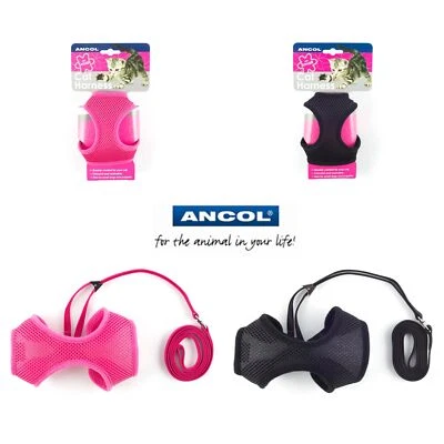 Ancol Cat Kitten Pet Soft Mesh Harness & Lead Black Pink Free UK P&P