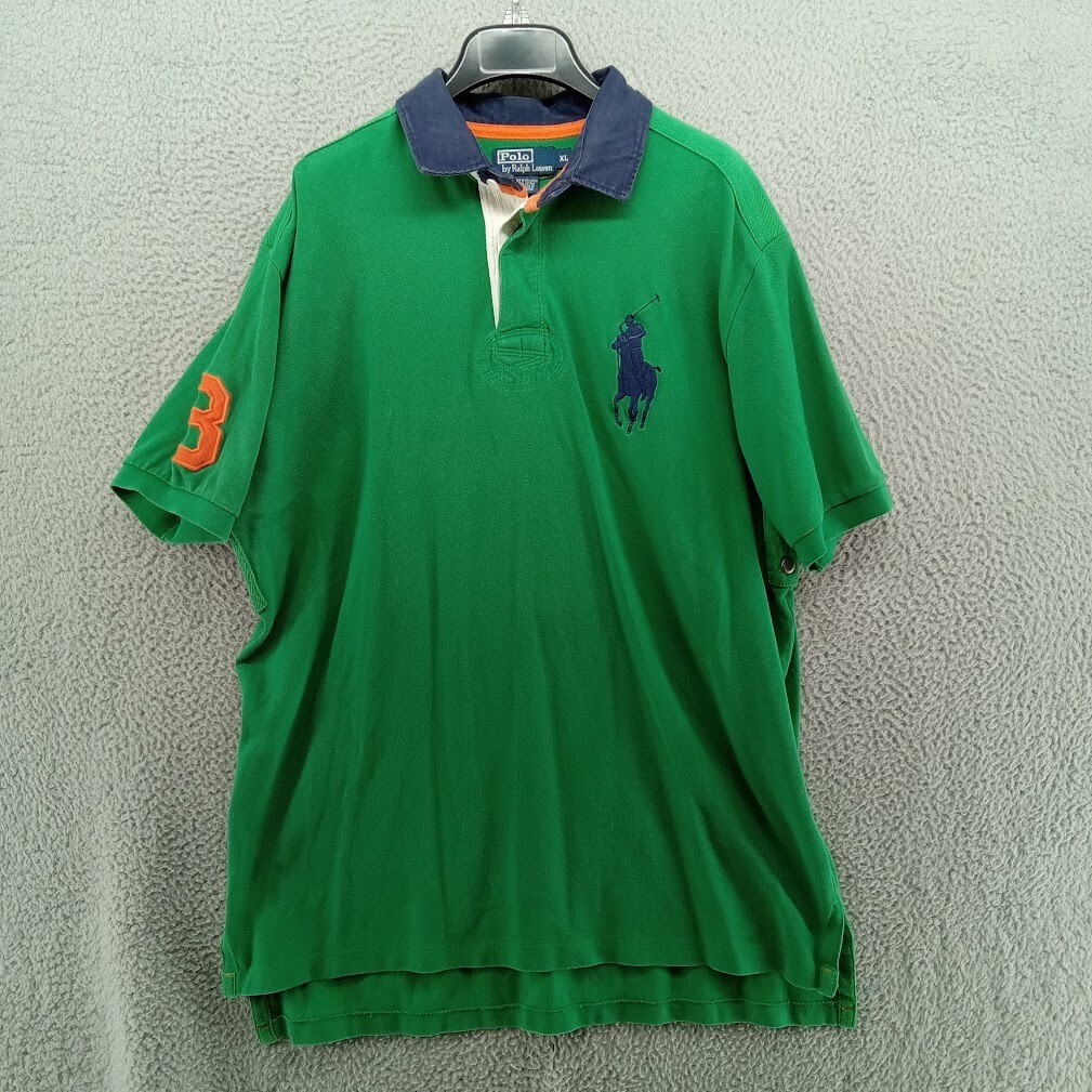 Polo Ralph Lauren vintage camicia uomo verde piqué rugby big pony 3 colletto a contrasto
