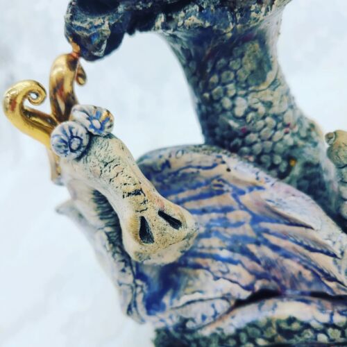 Vintage 80s 22kt GOLD Accents Clay Pottery Dragon Candle Holder RARE - Picture 2 of 5