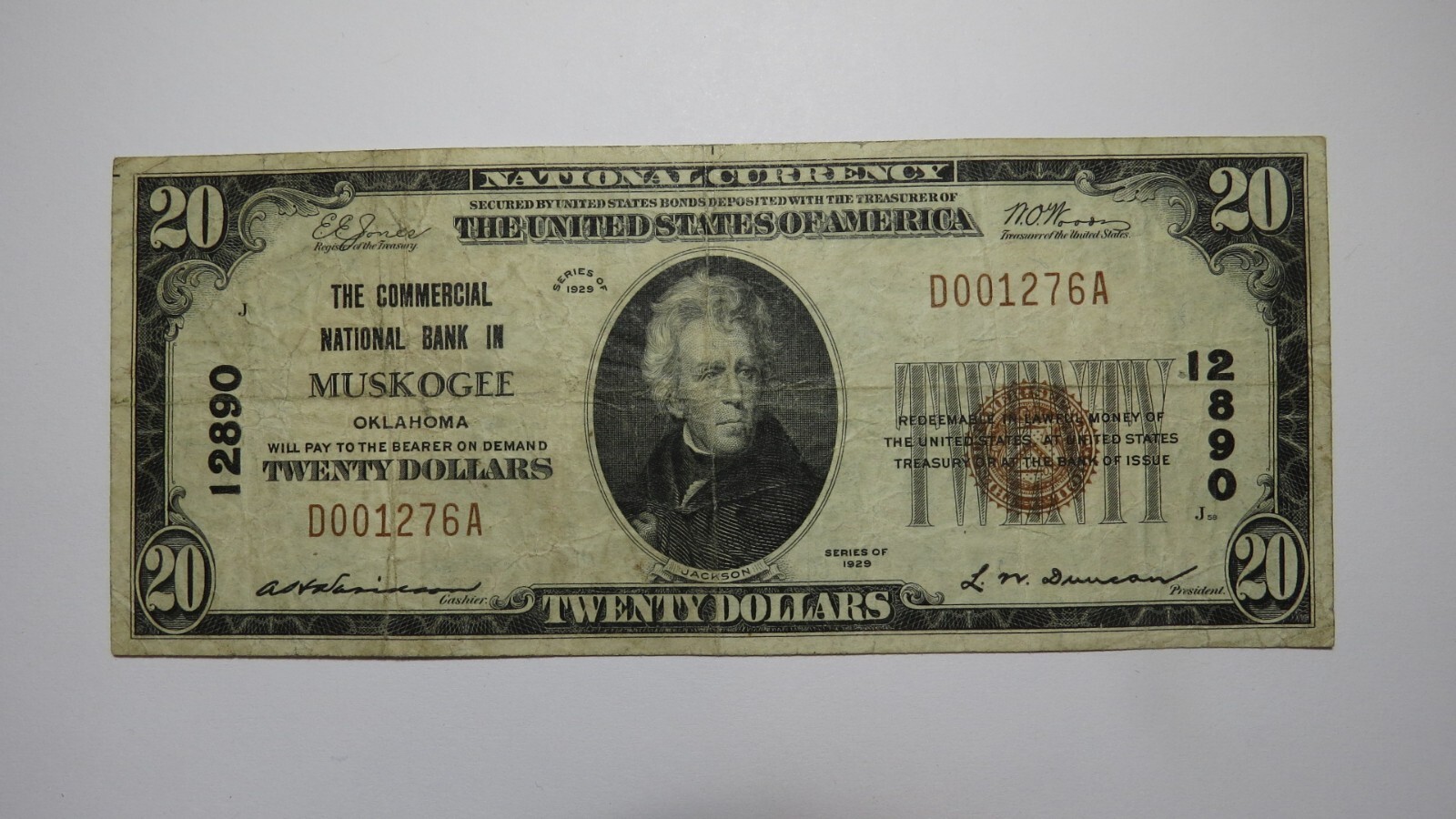 20 1929 Muskogee Oklahoma OK National Currency Bank Note Bill Ch