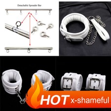 White PU Leather Collar Ankle Wrist Cuffs Handcuff Metal Spreader Bar Restraint