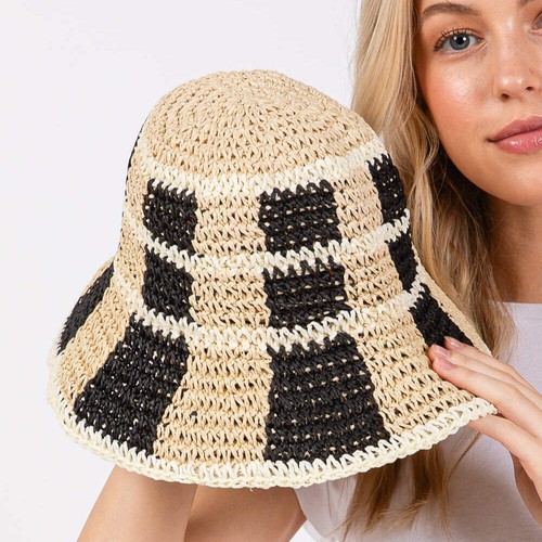 Pink, Brown or Black 2 Tone Straw Bucket Hat - Picture 2 of 14