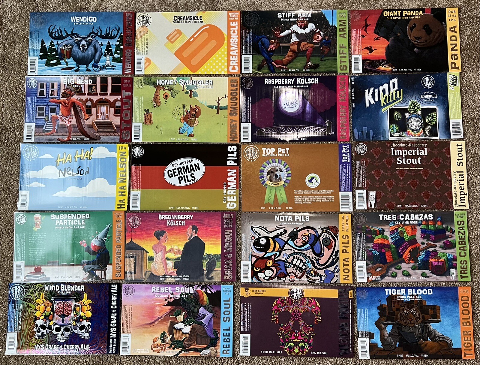 20 diff unused 1 pt. Three Heads Brewing Co. sticker beer labels