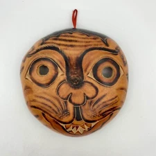 Vintage Primative Folk Gourd Art Carved Burned Mask Cat Tiger Face Wall Hanging
