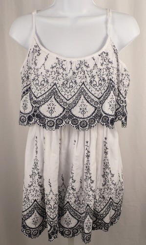 RAGA Women's White W Navy Embroidery Spaghetti Strap Cotton Tunic Blouse Sz L - Picture 2 of 5