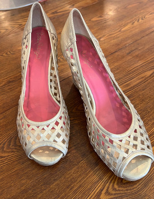 Lilly Pulitzer Resort Chic Gold Leather Basketweave Peep-Toe Wedges Sandals 9M