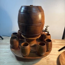 Vintage Monkey POD Wooden Barrel Drink Dispenser 10 Cups Lazy Susan