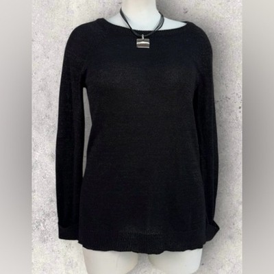Metallic Womens Med Knit Tunic Sweater Black Rayon Blend Long Sleeve Top -Kener