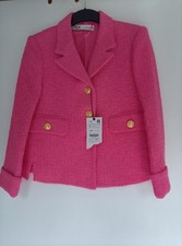 Zara Pink Boucle Tweed Cotton Blend Jacket Gold Buttons Size S BNWT