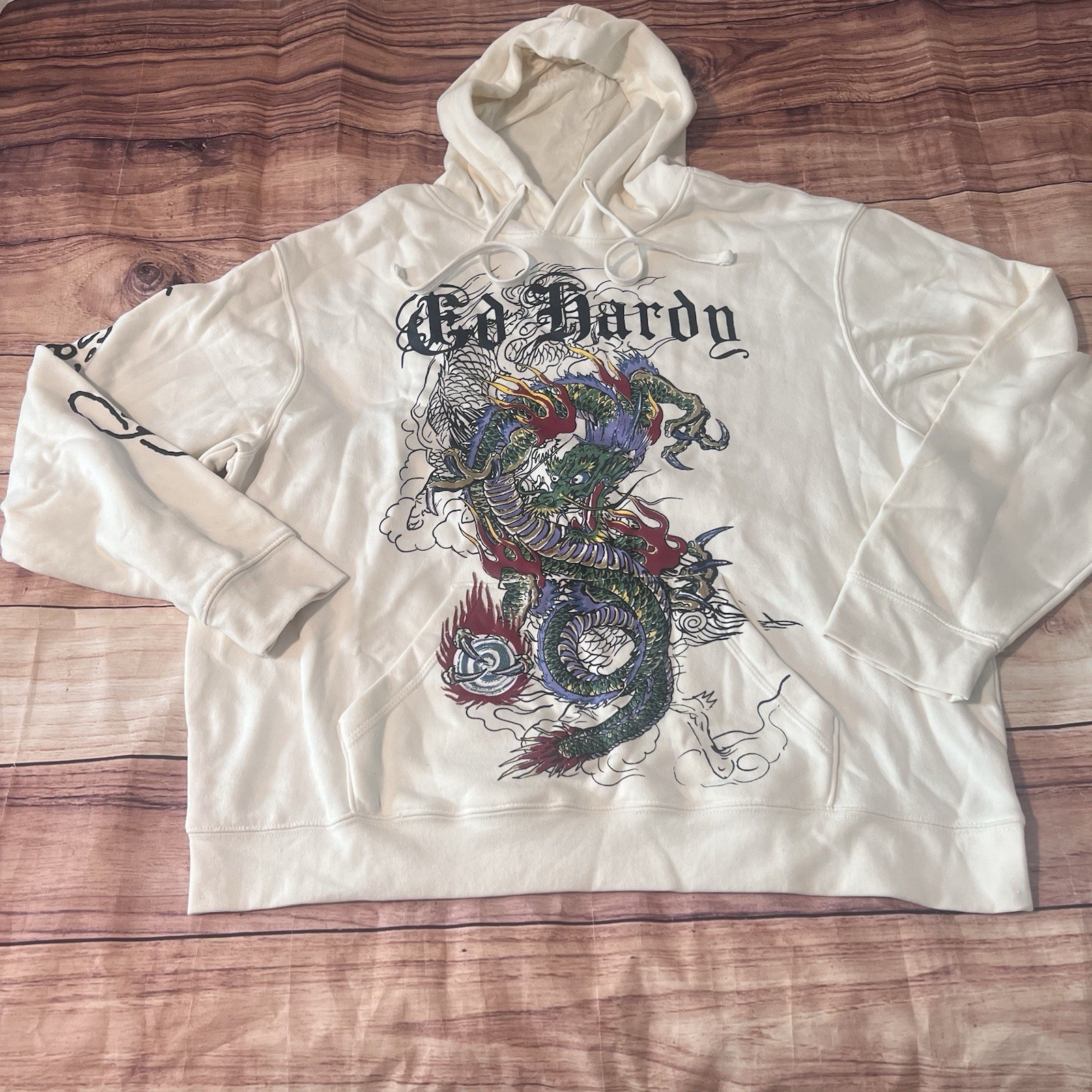 Ed Hardy Mens XL Retro White Dragon Fleece Y2K Streetwear Hoodie New With Tags