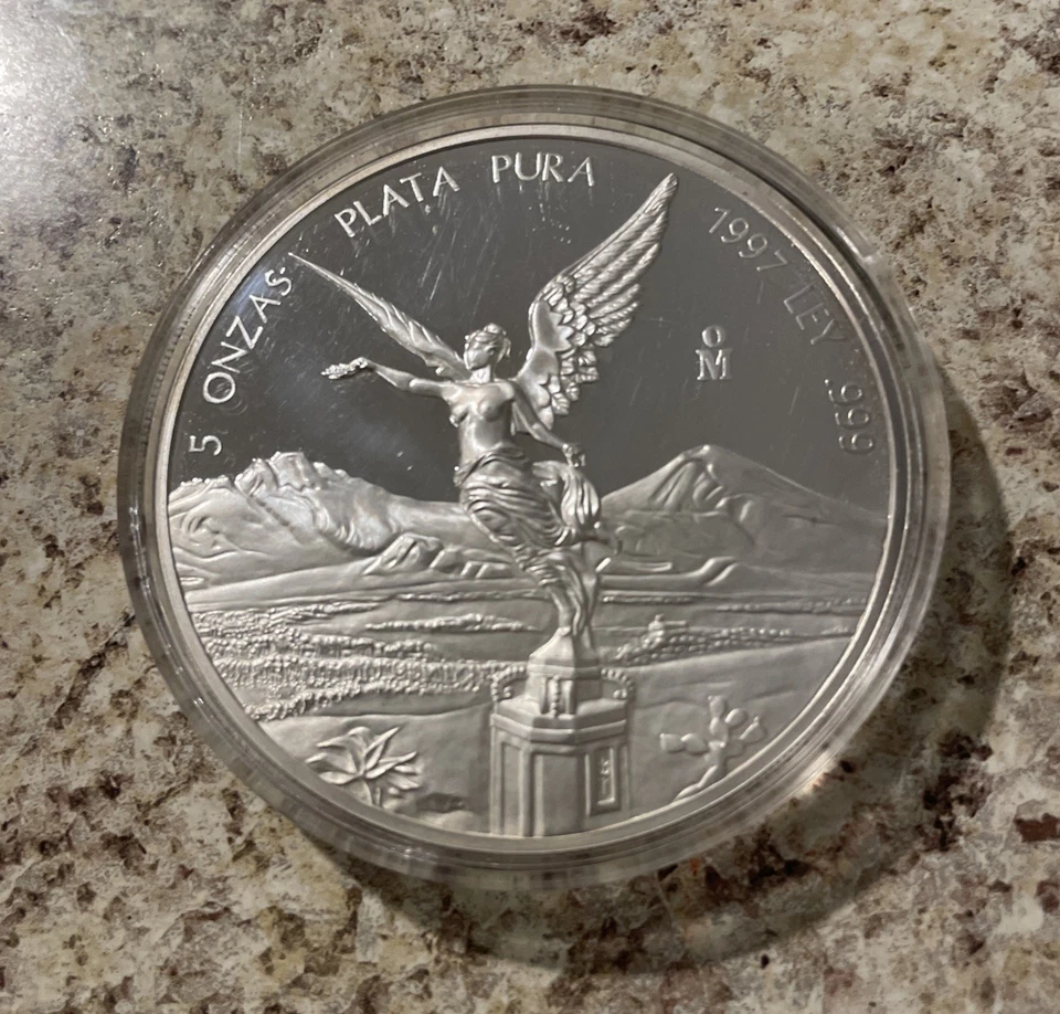 México 1997 5 oz .999 plata fina Libertad BU, acabado espejo tonificado limpio Foto 2 de 4