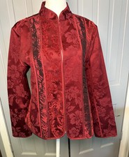 Chicos Sz 2 Women's L Jacket Brocade Tapestry Mandarin Collar Deep Red Burgundy