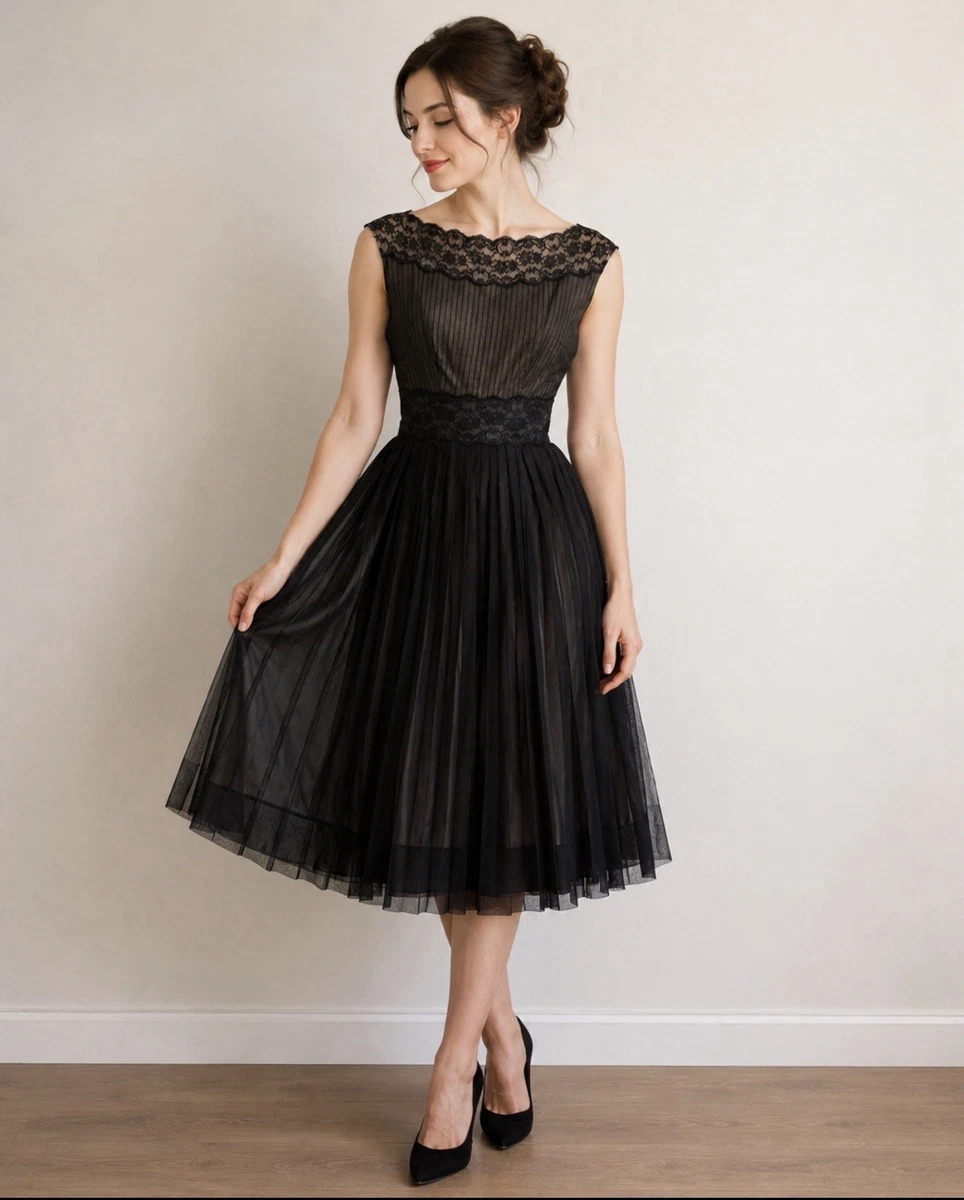 black lace 50s style dress A-line Cocktail Dress 2026 Lace Floral Mesh Sleeveless Swing Dress Black main image 1