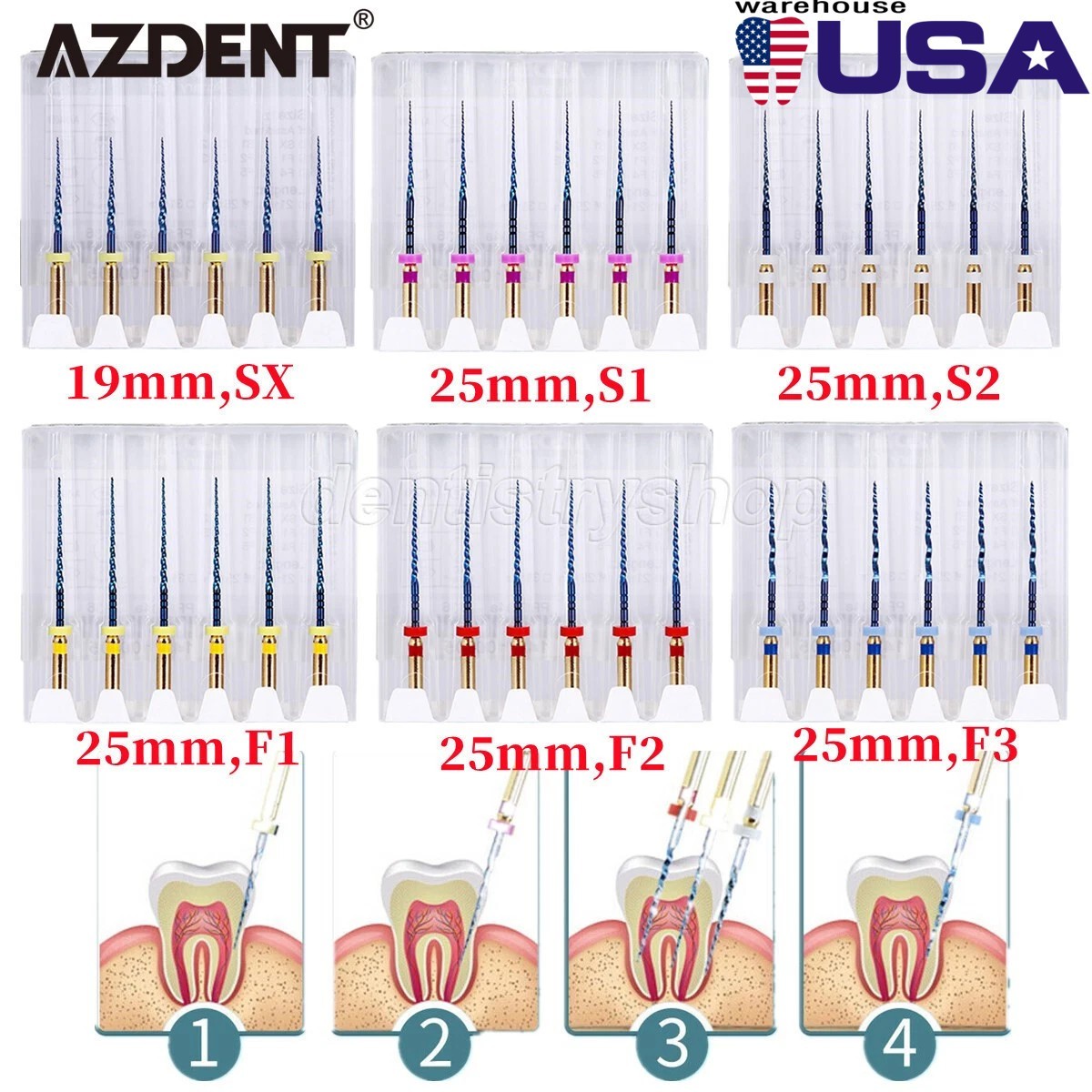 AZDENT Dental Endo Rotary Files X-Pro Gold Taper SX-F3 NITI Root Canal Files