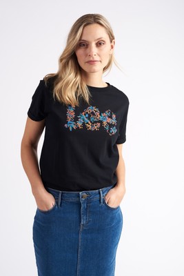 Lee Floral Graphic Tee Damen XS Baumwolle Kurzarm Rundhals Pullover Schwarz