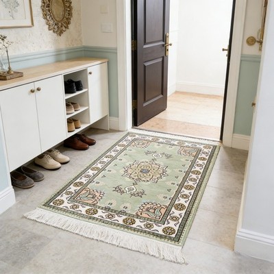 2x3ft Green Handmade silk area rug Hand-knotted Medallion Entrance Carpet 110C