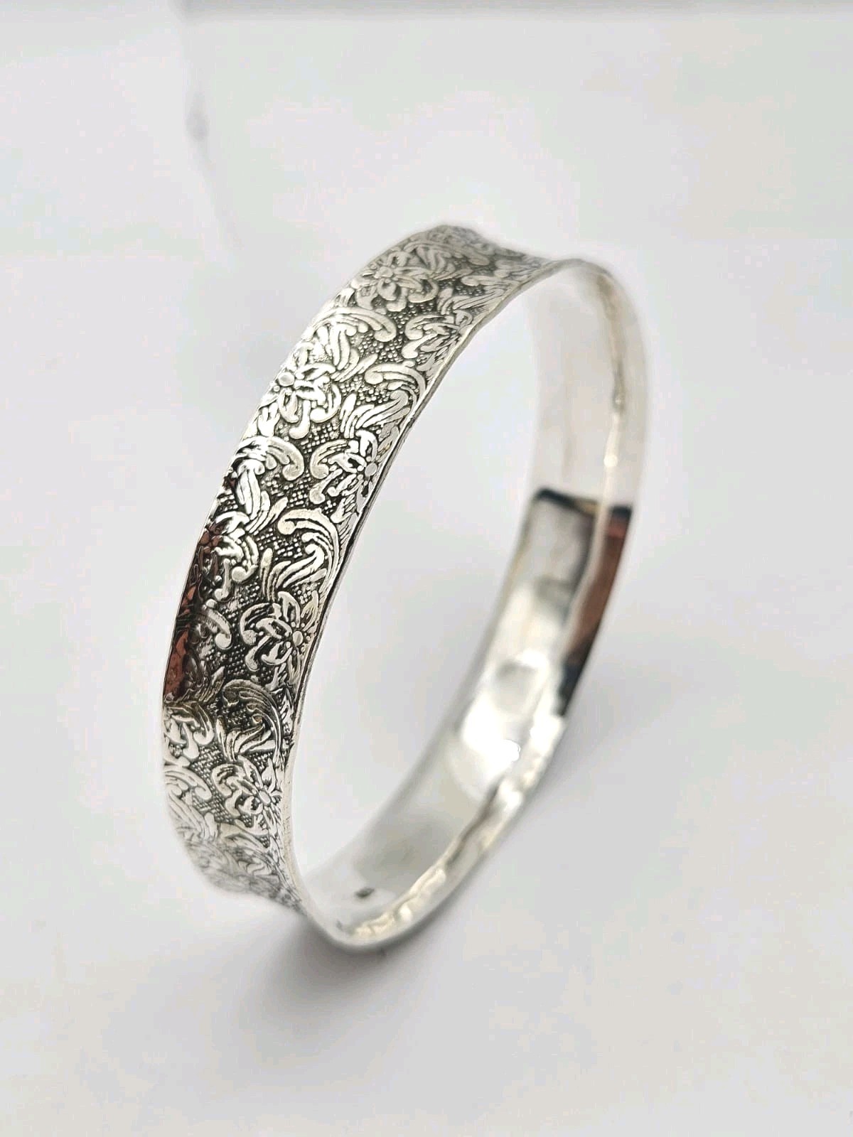 Solid Silver Slip On Bangle, Floral Pattern, Styl… - image 7