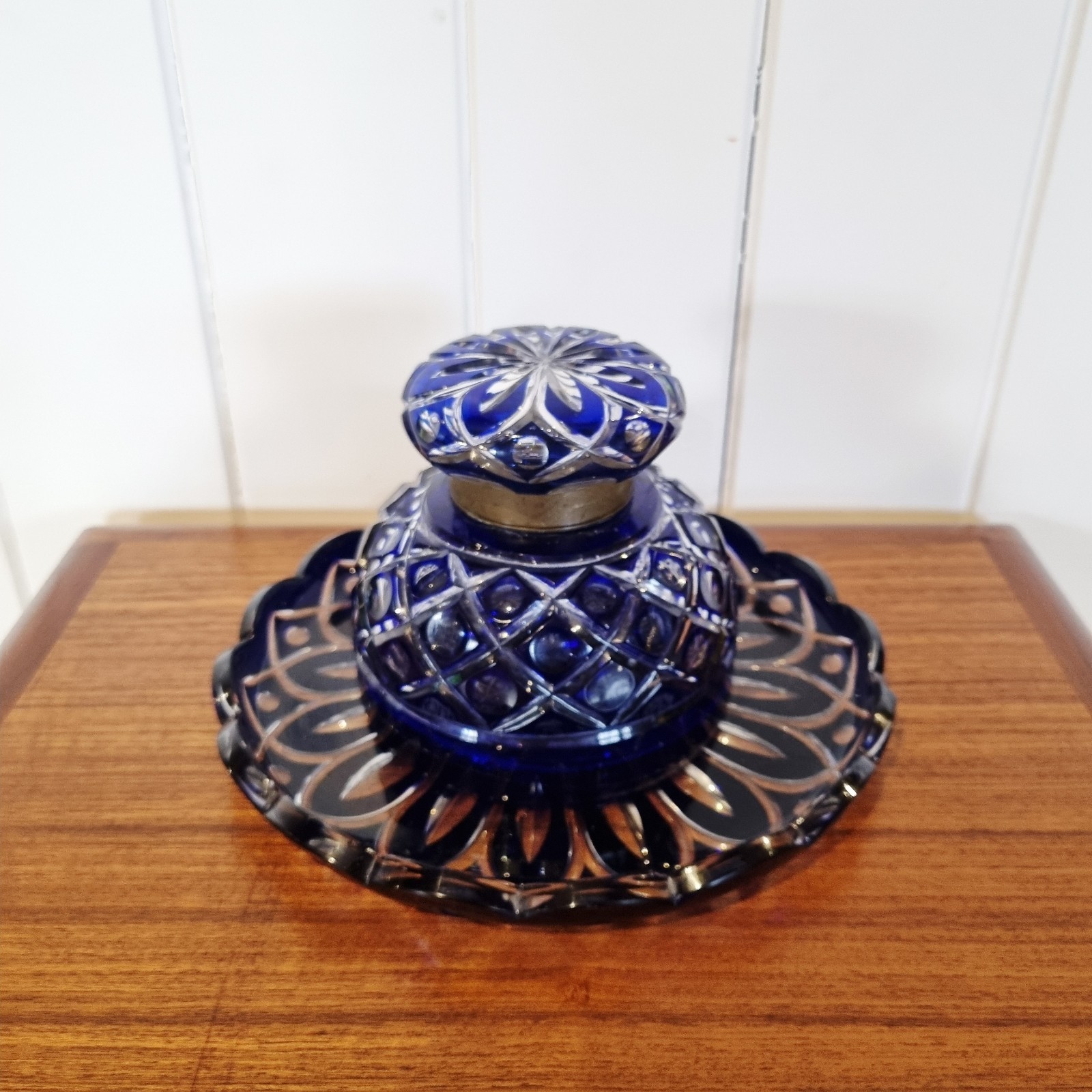 Vintage Cobalt Blue Cut to Clear Crystal Inkwell Large Tray Bohemian MCM Ajka??