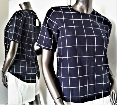 NWT-KULE BY NIKKI KULE NAVY BLUE WHITE CHECK LINEN COTTON ZIP BLOUSE S-2 MSP$250